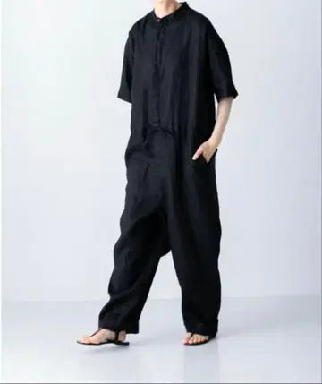 미사용 카구레 린넨 하프 슬리브 올인원 Black 스탠드 카라