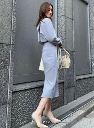 rienda 백리본 스퀘어 니트 원피스 블루 블루 그레이