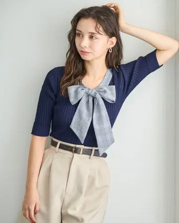 31sonsdemode 체크 보타이 5부 소매 니트 네이비 매장 한정판