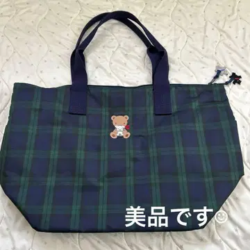 곰 자수 체크 무늬 마더백