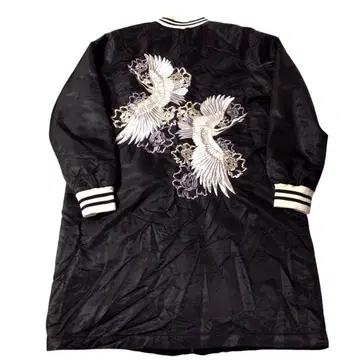 일본풍 패턴 학 자수 수베니어 스카잔 롱 코트 블랙 M