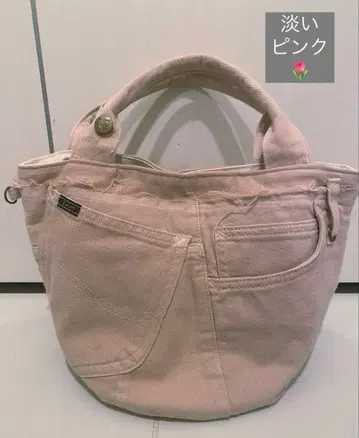 미사용 데님 리메이크 핸드메이드 토트백 원형 바닥 숄더 핑크