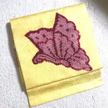 앤티크 순수 실크 나고야 오비 옐로우 컬러에 홍색  리 나비