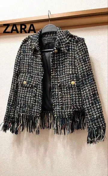 ZARA 자라 우먼 화려하고 귀여운 믹스 트위드 프린지 자켓 골드 버튼