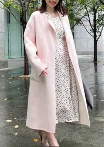 노리즈소피 핑크 화이트 노카라 롱 자켓 바이컬러