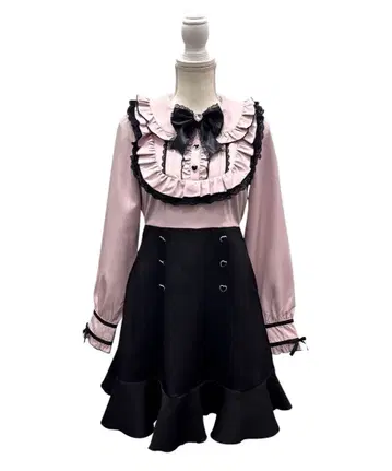 요크 프릴 하트 비쥬 리본 플레어 원피스 핑크 x 블랙