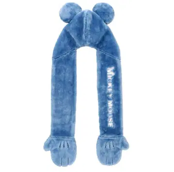 미키마우스 후드 부착 머플러 장갑 플리스 팬캡 블루