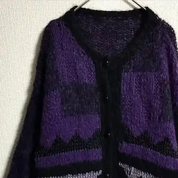 니트 가디건 울 멜란지 리브 라인 멀티 컬러 퍼플