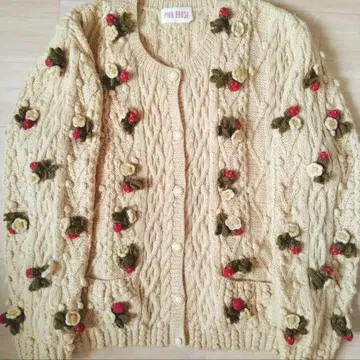 핑크하우스 딸기 모티브 니트 가디건 아이보리