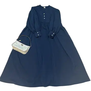 쓰리 스퀘어 롱 원피스 롱 펄 원피스 네이비