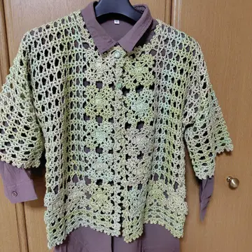 그린 계열 크로셰 뜨개질 가디건 반팔