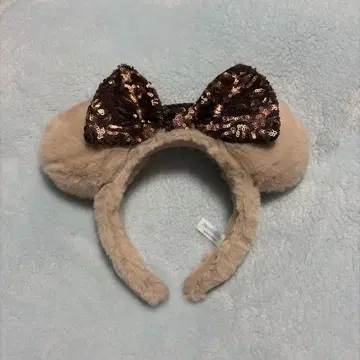 디즈니 귀 달린 보아 머리띠 베이지 스팽글 복슬복슬