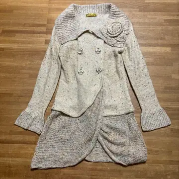 카키 코지 니트 코사지 니트 코트 베이지 M