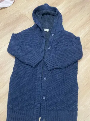 후드 부착 니트 가디건 네이비