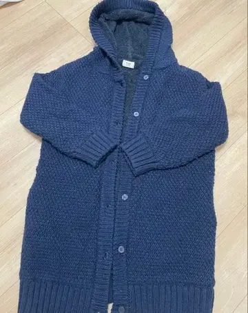 후드 부착 니트 가디건 네이비