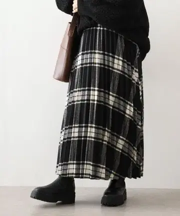 리앤드미 플리츠 스커트 롱 스커트 체크 블랙 M 사이즈