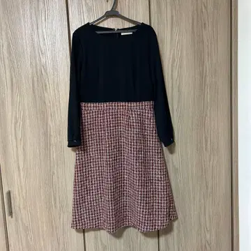 Anysis 긴팔 원피스 트위드 빨간색 블랙 고급