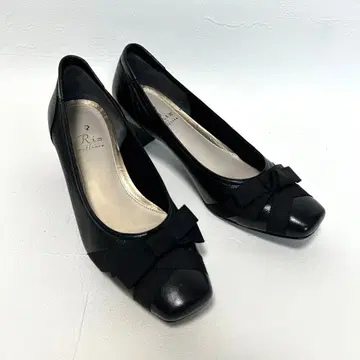 리즈라피네 천연 가죽 펌프스 23cm 3E 블랙 리본 스퀘어토