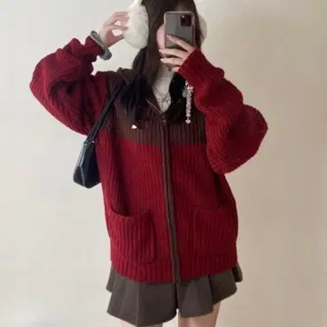 후드티 Seoup 배색 니트 지퍼 후디 여성용 보르도 빨간색 브라운