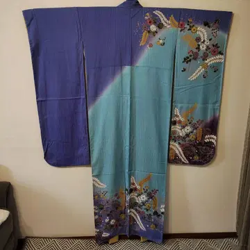 순수 실크 후리소데 보라색과 스카이블루 그라데이션