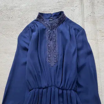 쇼와 레트로 긴팔 롱 원피스 꽃무늬 자수 디자인 네이비 11호