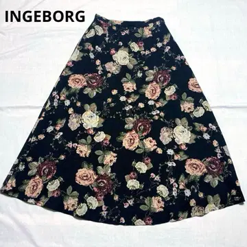 INGEBORG 잉게보그 장미 무늬 롱 플레어 스커트 블랙 꽃무늬