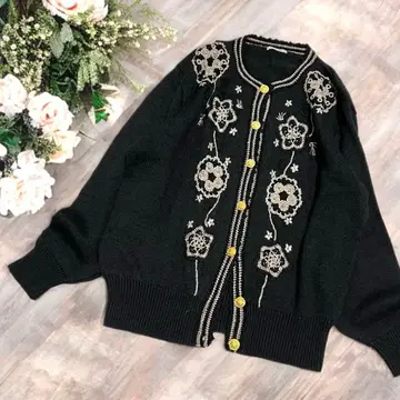 울 가디건 작은 꽃 레트로 니트 꽃무늬 블랙 M~L
