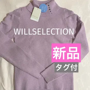 윌 셀렉션*택 포함 새상품 목 진주 터틀넥 긴팔 라메 리브 니트 퍼플
