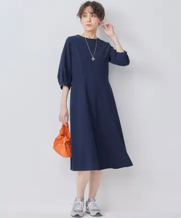 택 포함 쿠미쿄쿠 라이트암젠저지 원피스 네이비 M