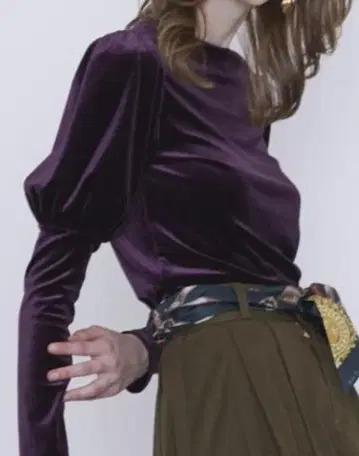 택 포함 미사용 G.V.G.V. 벨로아 퍼프 슬리브 상의 퍼플 S