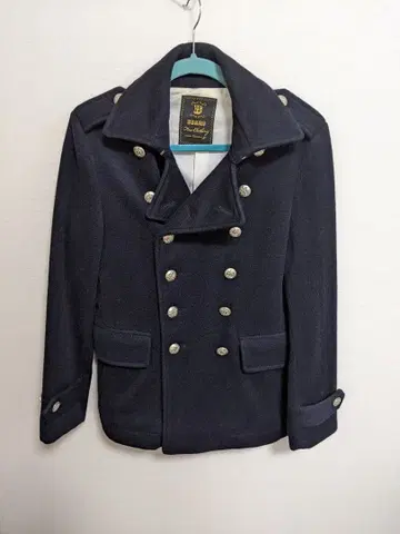 BEAMS 네이비 더블 브레스트 피 코트