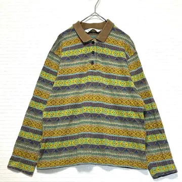 Simple Life 긴팔 피케 셔츠 긴팔 상의 에스닉 보더 무늬 F