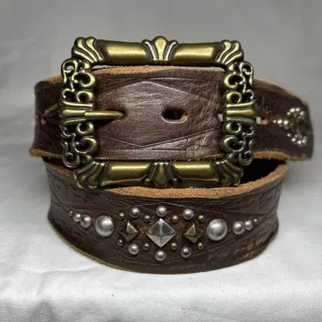 천연 가죽 크라프트 엠보싱 스터드 골드 버클 벨트 가죽 아메카지