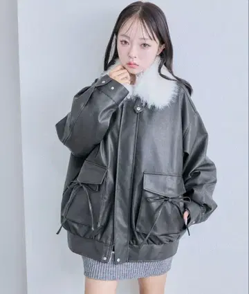 OLIVE des OLIVE 퍼 티펫 에코 가죽 블루종 블랙