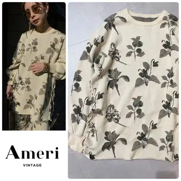 아메리 꽃무늬 라메 퍼프 슬리브 레이스업 니트