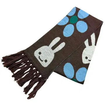 CUNE 토끼 토끼 로고 꽃무늬 프린지 니트 머플러 브라운