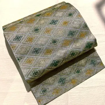 새상품급 실버  나고야 오비 열림식 마감 순수 실크 은색 전통 무늬  꽃