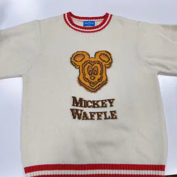 미키 와플 니트 스웨터 긴팔 크림색