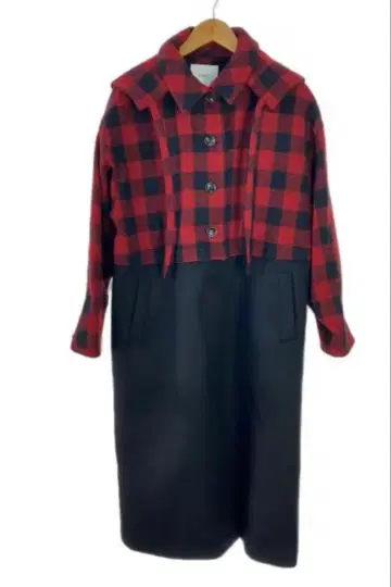 COEL 후드 부착 롱 코트 레드 블랙 체크 rehersall