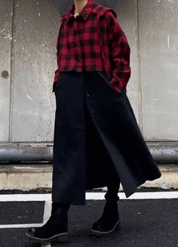 COEL 후드 부착 롱 코트 레드 블랙 체크 rehersall