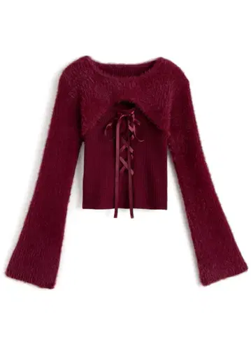 [그레일] 샤기 레이어드 스타일 레이스업 니트탑 보르도