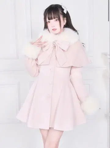 NoGenki 핑크 퍼 케이프 플레어 코트 M 양산형 지뢰계