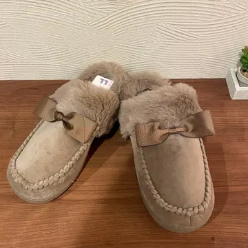 베이지 퍼 리본 슬리퍼