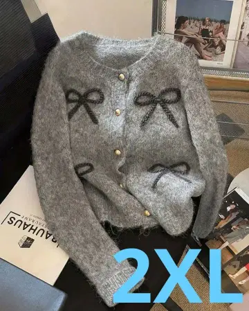 귀여운 3 리본 자수 가디건 그레이 2XL 멋쟁이
