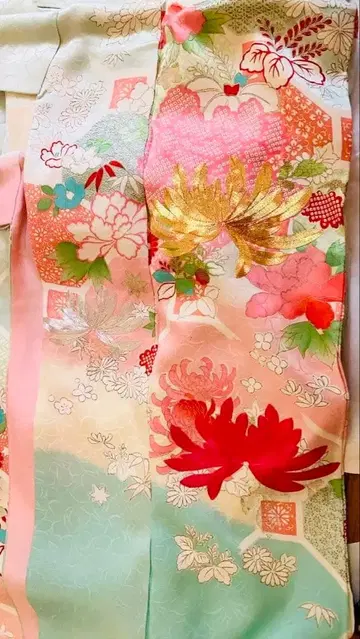 후리소데 풀세트 스카이블루 금 자수 교토 전통 공예