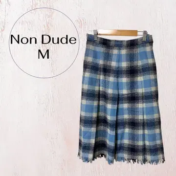 논듀드 체크 플레어 스커트 M 울 혼방 일본제 블루 계열 체크