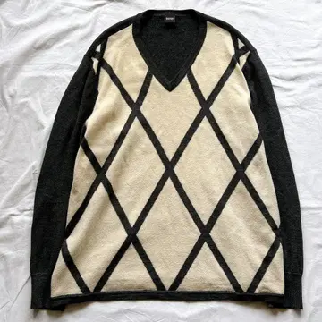 사이즈 52 HUGO BOSS 니트 스웨터 울 아가일 무늬 화이트 블랙