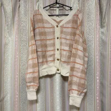 Heather V넥 가디건 체크 무늬