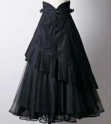 라벨에튀드 턱프릴 볼륨 튤 데님 스커트 블랙