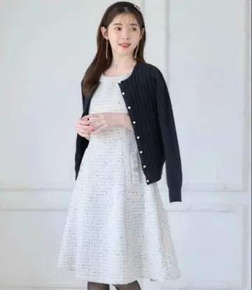 포켓 펄 비쥬 장식 스팽글 트위드 원피스